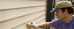 Man washing vinyl siding by hand with brush